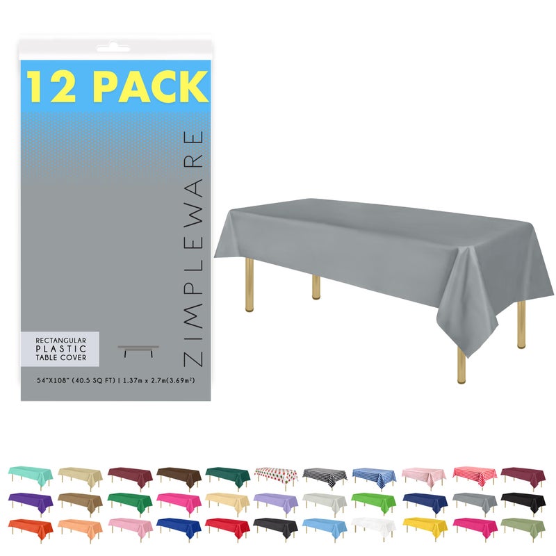 ZIMPLEWARE Premium Silver Plastic Table Cloth Disposable (12 Pk) Plastic Tablecloths for Rectangle Tables (54in x 108in) Party Table Cloths Disposable for 6ft to 8ft Rectangle Tables - Image 1